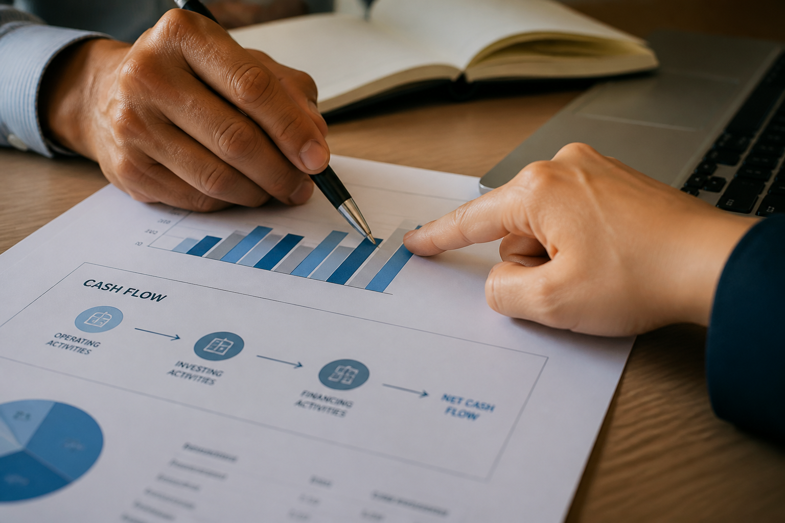 Two executives at a conference table reviewing printed financial reports