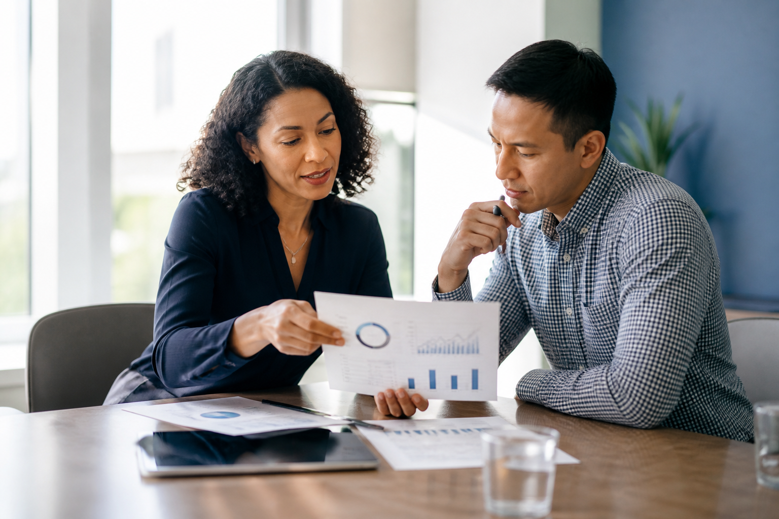 Business owner reviewing financial results with an advisor at a conference table